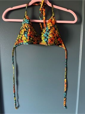 Vintage Miss Hawaii Floral Triangle Bikini Top in Black, Orange & Teal